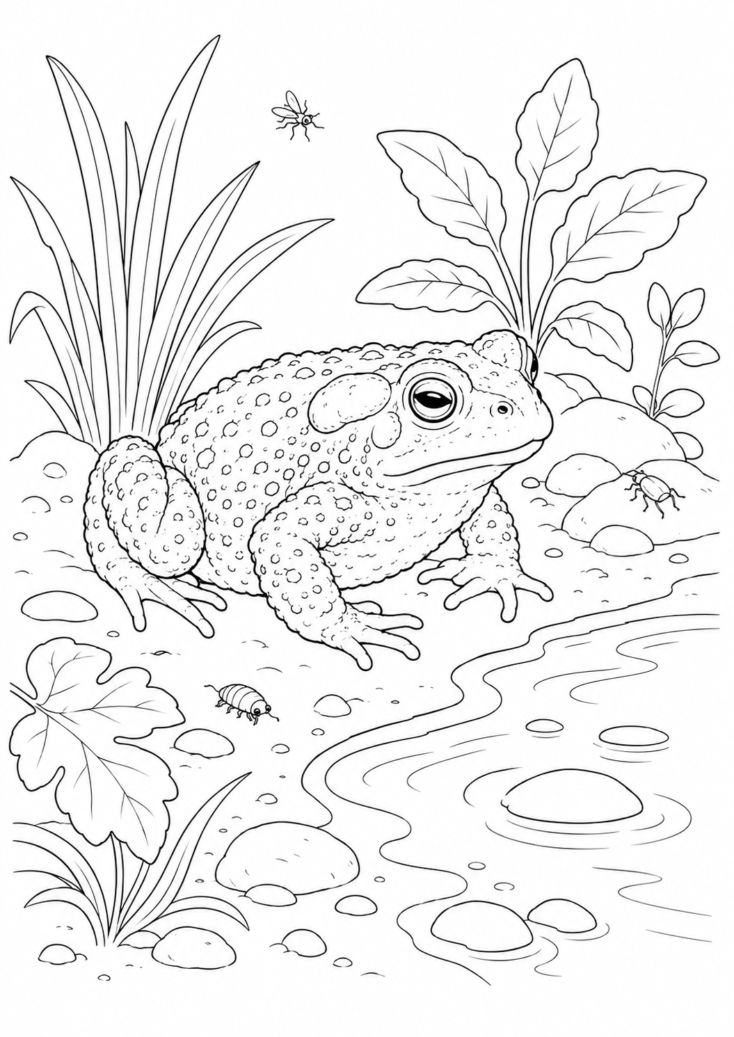 Printable English International Toad Day coloring page showing a toad in its habitat